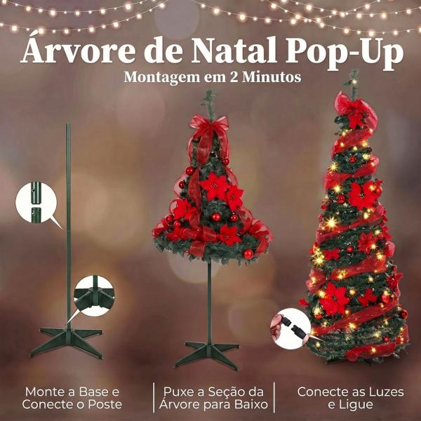 Árvore de Natal Artificial de 150 cm com 100 Luzes LED, 150 Ramos, 11 Modos, Bolas, Fitas e Base Dobrável, Verde e Vermelho