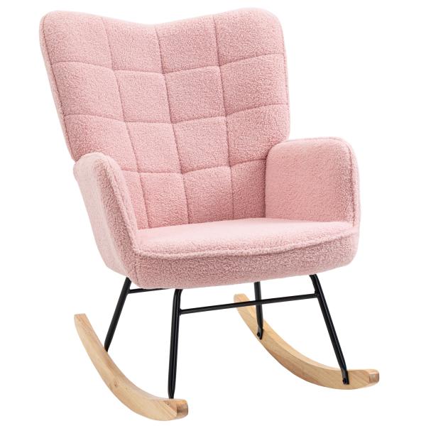 Poltrona Baloiço em Borrego com Oscilação de 40° Pés de Madeira de Faia e Estrutura de Aço 71x98x101 cm Rosa