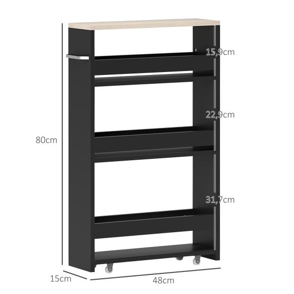 Estante de Armazenamento Casa de Banho de 3 Níveis Estante Estreita com Alça Lateral Estante com Rodas 48x15x80cm Preto