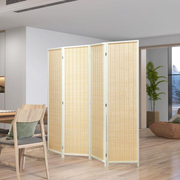Biombo de 4 Painéis Dobrável Separador de Ambientes Tecido a Mão de Bambu e Fio de Algodão 180x180 cm Branco