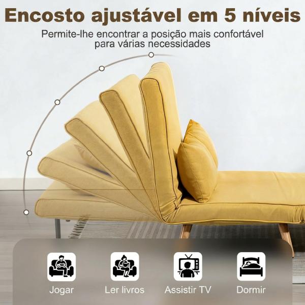 Sofá - Cama de 2 Lugares Dobrável Estofado em Linho com Encosto Ajustável em 5 Posições e 2 Almofadas Amarelo