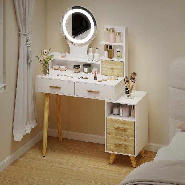 Toucador com Espelho e Luzes LED Ajustáveis 5 Gavetas 4 Compartimentos e 1 Prateleira 100x44x137 cm Branco e Madeira
