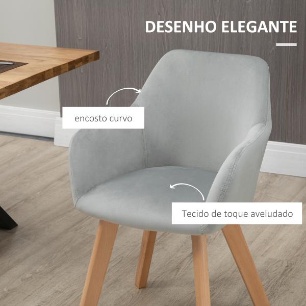 Cadeiras de Jantar Conjunto de 2 Estofadas em Veludo Encosto Médio Pés de Madeira para Sala de Jantar Cinza