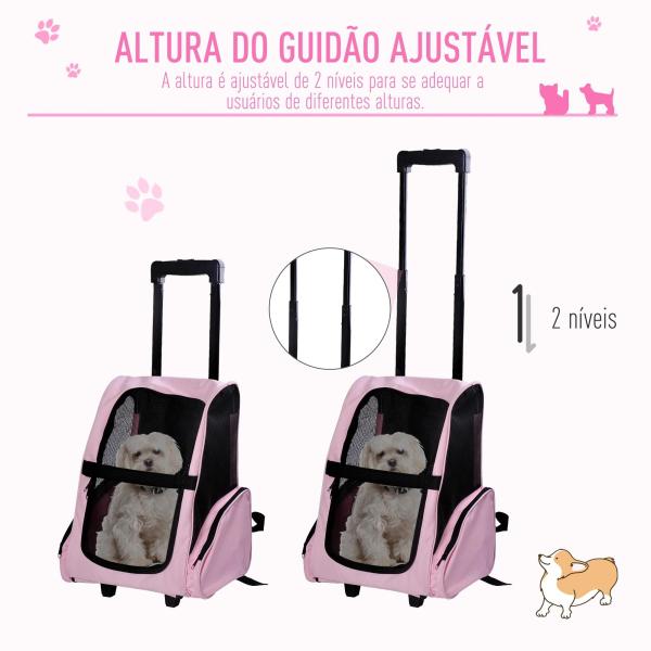 Transportadora 2 em 1 para Animais de Estimação Mochila ou Carrinho de Viagem para Cães e Gatos com 2 Rodas Alça Retrátil de Alumínio e Bolso de Armazenamento 42x25x55cm Rosa