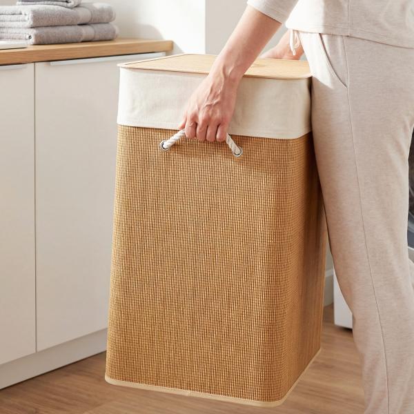 Cesto de Roupa com Tampa 100L de Bambu com 2 Compartimentos Bolsa Interior Amóvivel 52x32x63 cm Marrom e Creme
