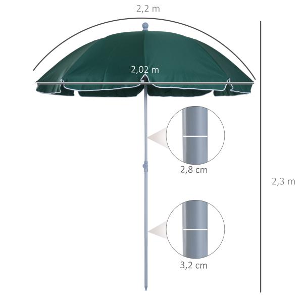 Guarda - sol de praia Ø200 cm de diâmetro Telhado Inclinado Poste Destacável e pico inferior Verde