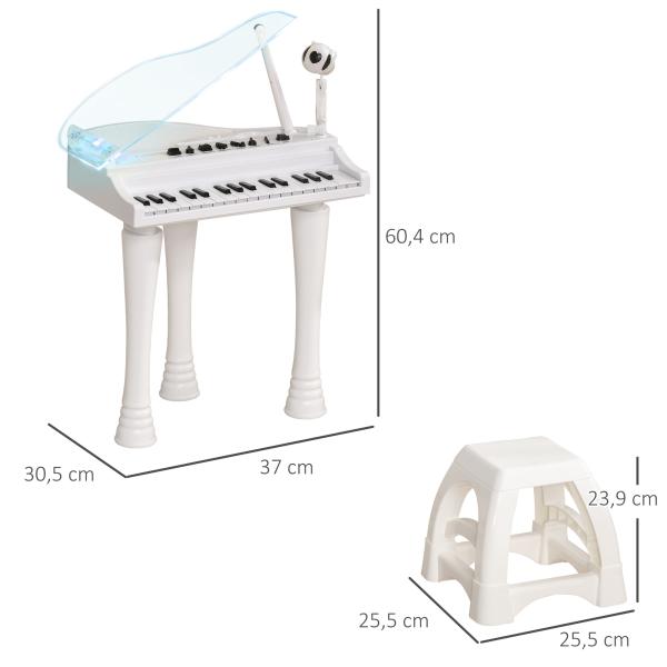 Piano Eletrónico para Crianças com 32 Teclas Microfone Luzes 22 Músicas 4 Tons e Volume Ajustável 37x30,5x60,4 cm Branco