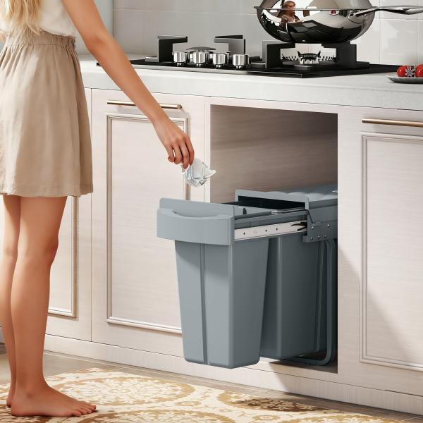 Balde do Lixo Sob Lavatório Balde do Lixo de Cozinha com 2 Contentores de Reciclagem Extraíveis 20L+10L 52x26x40,8 cm Cinzento