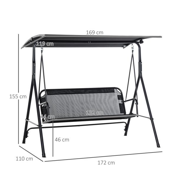 Baloiço de Jardim de 2 Lugares Baloiço com Teto Ajustável em Ângulo para Terraço Balcão Carga Máxima 200kg Aço 172x110x155cm Preto