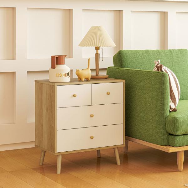 Cômoda de 4 Gavetas com Puxadores de Madeira Cómoda Estreita para Sala Corredor 60x35x65 cm Madeira e Branco