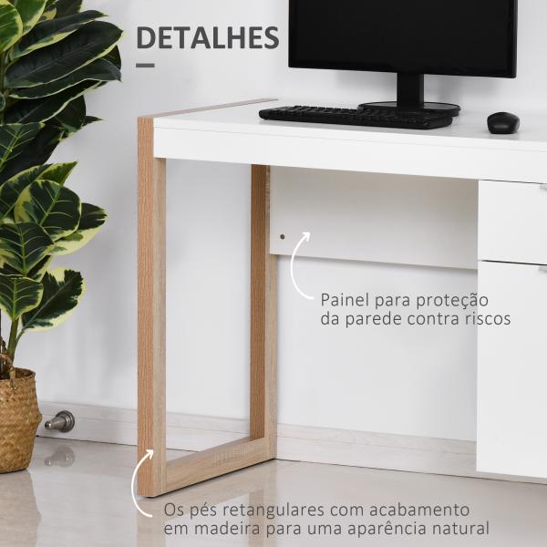Mesa de Computador com Gaveta Armário Pés em Forma Retangular112,5x50x75,5 cm Branco e Madeira