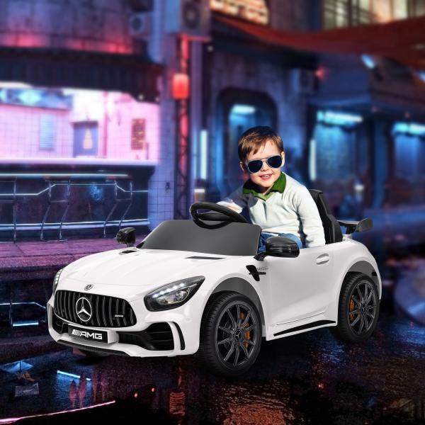 Carro Elétrico para Crianças Carro Mercedes - Benz AMG GTR com Bateria 12V Faróis Buzina e Música 108x67x46 cm Branco