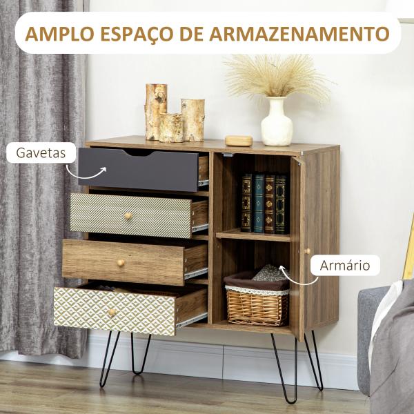 Cómoda de Madeira com 4 Gavetas Prateleira Ajustável e Pés de Metal para Sala de Estar Dormitório 79x39x86cm Marrom