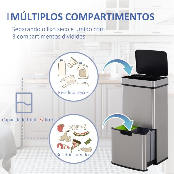 Balde de Lixo 72L com Abertura Automática de Aço Inoxidável e Reciclagem para Cozinha 42x30x81 cm Prata