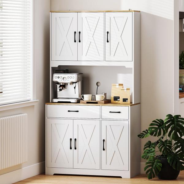 Armário de Cozinha Alto Móvel Auxiliar de Cozinha com Bancada Aberta para Micro - Ondas 2 Gavetas Prateleiras Ajustáveis 94x39,5x175,2 cm Branco