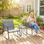 Conjunto de Jardim de 3 Peças com 2 Cadeiras de Balanço e Mesa com Tampo de Vidro e Estrutura de Aço para Pátio, Cinza