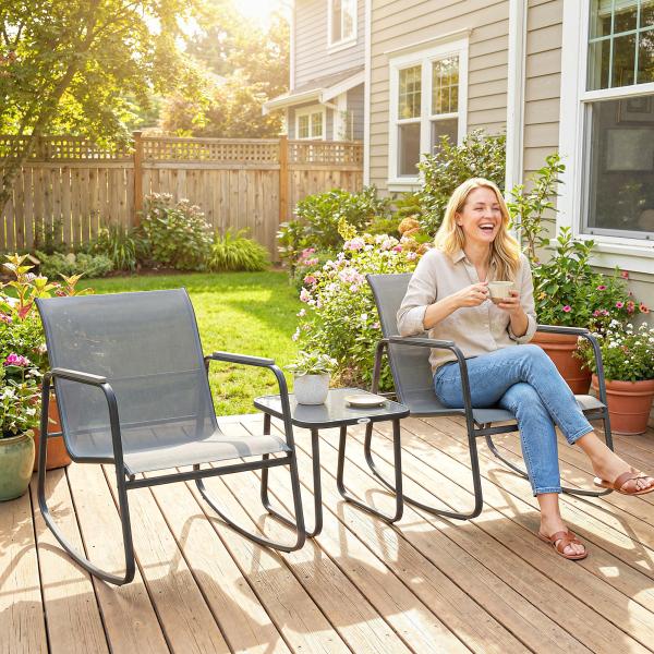 Conjunto de Jardim de 3 Peças com 2 Cadeiras de Balanço e Mesa com Tampo de Vidro e Estrutura de Aço para Pátio, Cinza
