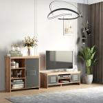 Armário de TV para televisores de 42"com 2 compartimentos fechados com portas de metal e 2 estantes 109x35x38 cm Madeira natural e cinza