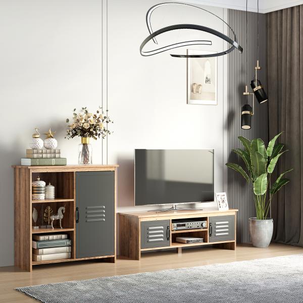 Armário de TV para televisores de 42"com 2 compartimentos fechados com portas de metal e 2 estantes 109x35x38 cm Madeira natural e cinza