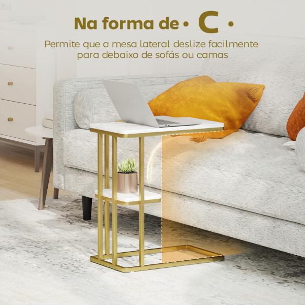 Mesa Auxiliar Estrutura em C Mesa Auxiliar Estreita de 2 Níveis com Prateleira 50x30x57,5 cm Branco Efeito Mármore