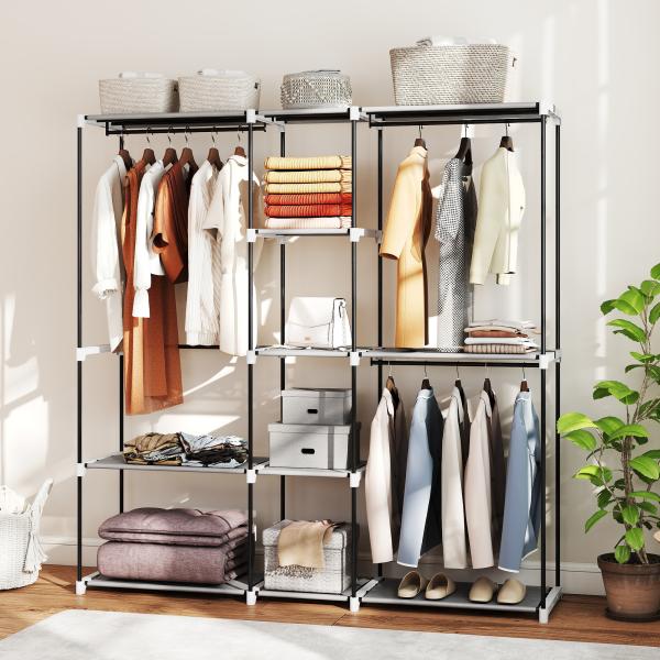 Armário para Roupas 182x43x185 cm Armário Aberto com 8 Prateleiras de Tecido Barras para Pendurar 182x43x185 cm Cinza