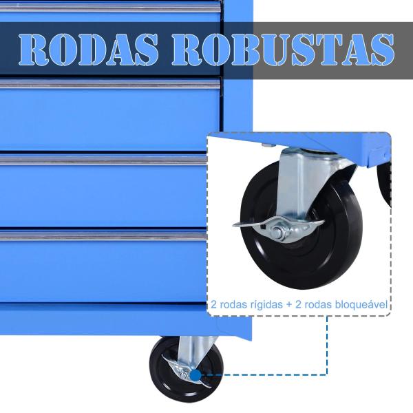 Carrinho de Ferramentas para Oficina com Rodas e 5 Gavetas Fechadura e Alça Lateral 67,5x33x77 cm Vermelho