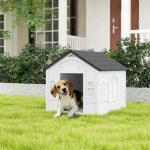 Casa para Cães 65x75,7x63 cm Casa para Cães com Janelas e Teto com Telhas de Imitação para Cães Médios Cinza e Branco