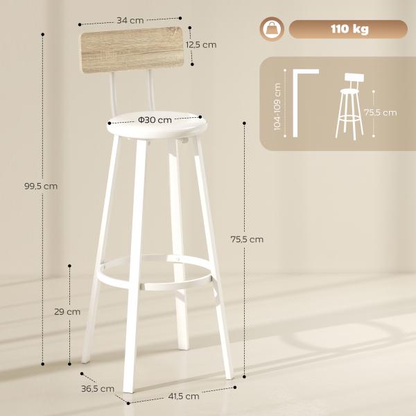 Conjunto de 2 Bancos de Bar Bancos Altos de Cozinha com Encosto e Apoio para Pés Estofados em PU Assento 41,5x36,5x99,5 cm Madeira e Branco