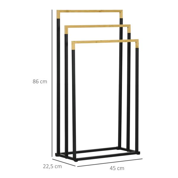 Toalheiro de Pé de 3 Níveis em Forma de Escada com 3 Barras de Bambu e Estrutura de Aço 45x22,5x86 cm Preto e Natural