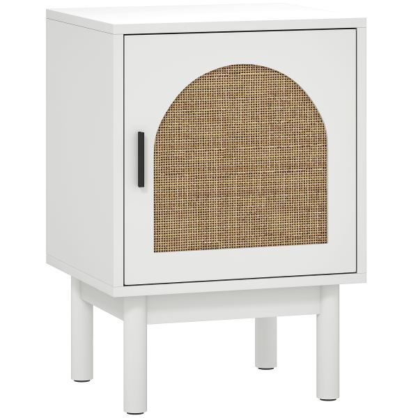 Mesa de Cabeceira com Porta de Vime Prateleira Ajustável e Pés de Madeira Estilo Boémio Mesa Auxiliar 40x35x58 cm Branco