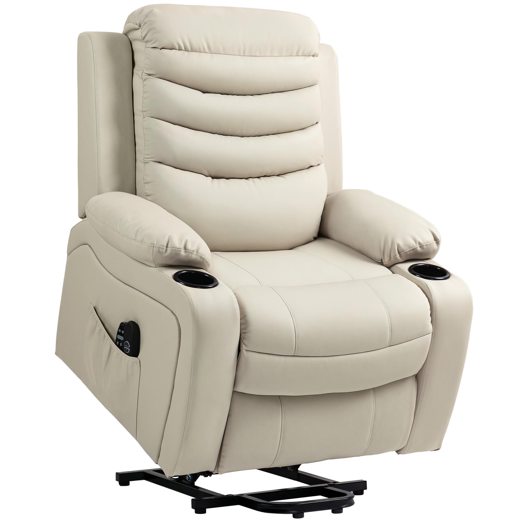 Poltrona Relax Reclinável Elétrica Elevatória com Massagem Vibratória Aquecimento e Porta USB 93x95,5x100 cm Creme