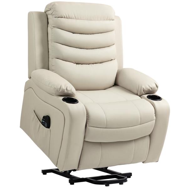 Poltrona Relax Reclinável Elétrica Elevatória com Massagem Vibratória Aquecimento e Porta USB 93x95,5x100 cm Creme