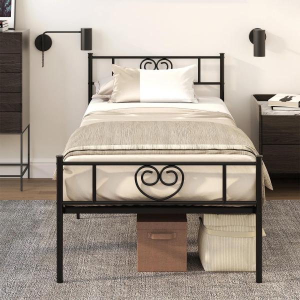 Estrutura de Cama Individual de Metal 31cm para Colchão 90x190cm com Cabeceira com Forma de Coração Estrutura de Cama com Espaço em Baixo de Armazenamento 95x196x100cm Preto