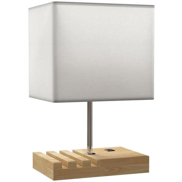 Candeeiro de Mesa com Portas USB - A/C Três Ranhuras para Telemóveis Base de Madeira e Ecrã de Tecido E27 40W 25x20x40,5 cm Branco