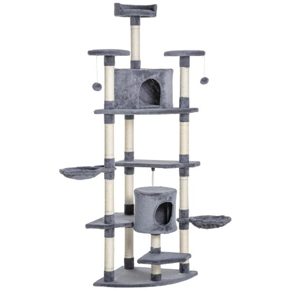 Árvore Arranhador para Gatos Grande 60x60x200cm com 2 Cavernas 2 Redes Cama Múltiplas Plataformas Postes Arranhadores de Sisal Natural e Bolas de Brinquedo Cinza