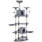 Árvore Arranhador para Gatos Grande 60x60x200cm com 2 Cavernas 2 Redes Cama Múltiplas Plataformas Postes Arranhadores de Sisal Natural e Bolas de Brinquedo Cinza