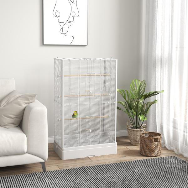 Gaiola para Pássaros 61x36,5x98 cm com Portas Poleiros Bandeja Removível e Alças para Canários Periquitos Branco