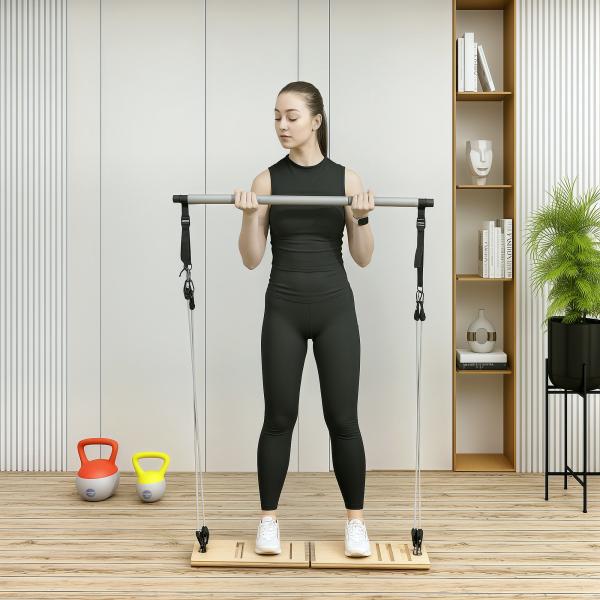 Barra de Pilates com 6 Faixas Elásticas Tábua Inclinada Ajustável para Treino de Corpo Inteiro em Casa 90x33x3 cm Cinza