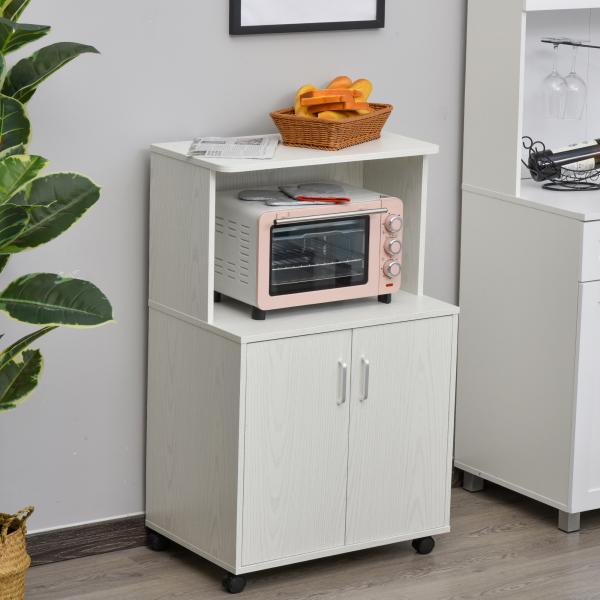 Armário Auxiliar para Micro - ondas Armário de Cozinha Baixo com Armário de 2 Portas e Prateleira Ajustável com Rodas Carga 70 kg 60,4x40,3x97 cm Branco
