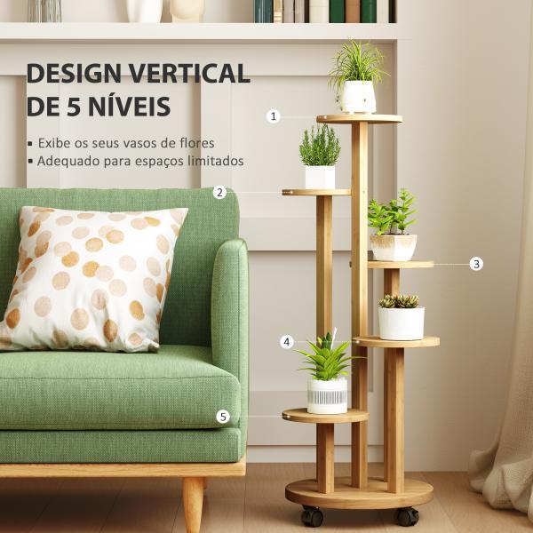 Suporte para Plantas em Bambu com Rodas de 5 Níveis Estante Redonda para Plantas para Cantos 33x33x90 cm Madeira