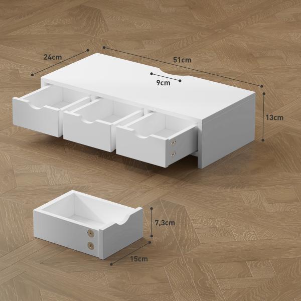 Suporte Elevatório para Monitor de Secretária com 3 Gavetas para PC e Portátil 51x24x13 cm Branco