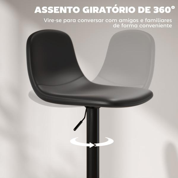 2 Bancos de Bar Reguláveis em Altura 84 - 104 cm com Encosto e Apoio para os Pés Estofadas em PU Giratórias em 360° Preto