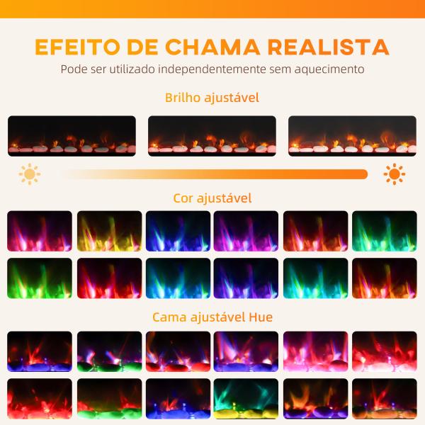 Lareira Elétrica Ultrafina de Parede e Embutir com Chama 3D Brilho/Velocidade Ajustável 12 Cores Pedras 900/1800W 106,7x9,4x47 cm Preto