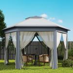Tenda Dobrável 4x3,4 m Tenda de Jardim Hexagonal com Duplo Tecto 6 Mosquiteiras Destacáveis e Saco de Transporte Cinzento