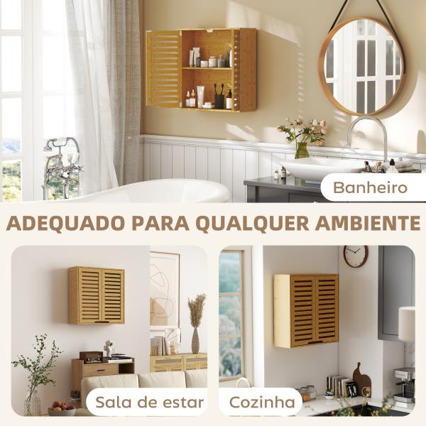 Armário de Parede de Bambu Móvel de Casa de Banho Suspenso com Prateleira Ajustável Portas de Ripas 60x20x60 cm Madeira