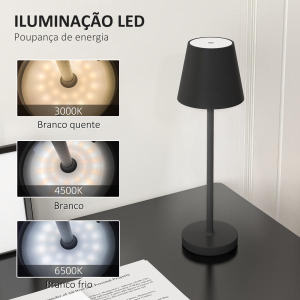 Candeeiro de Mesa com Luzes LED Candeeiro de Mesa Sem Fios Recarregável por USB - C 3 Cores Ø11,2x36,5 cm Preto