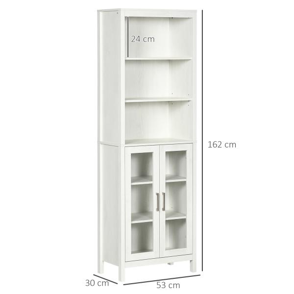 Armário Alto de Casa de Banho com 2 Portas de Vidro e 3 Prateleiras Armário Auxiliar Estilo Moderno 53x30x162cm Branco
