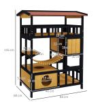 Casa para Gatos de Madeira 84x60x116 cm Abrigo para Gatos de 4 Níveis para Exterior com Ponte Suspensa Varanda Natural