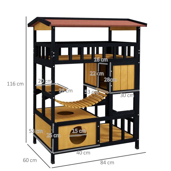 Casa para Gatos de Madeira 84x60x116 cm Abrigo para Gatos de 4 Níveis para Exterior com Ponte Suspensa Varanda Natural