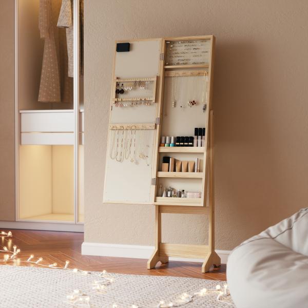 Espelho Joalheiro com Luzes LED Armário para Joias com Ângulo Ajustável Prateleiras Ranuras para Anéis 36x30x136 cm Madeira